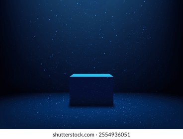 3D glowing blue cube platform illuminated by a spotlight in a dark scene with floating light particles. Futuristic technology concepts, digital mockups, product displays, and innovation showcases