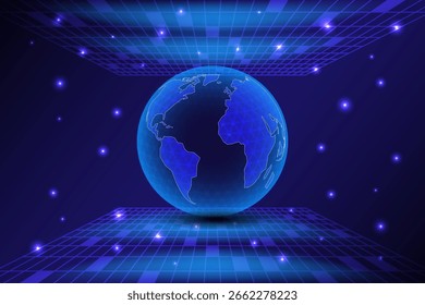 3D-leuchtender digitaler Globus, der in einem virtuellen Raum schwebt, mit Gittermustern und Lichteffekten, die globale Technologie und Konnektivität darstellen, Vektorgrafik