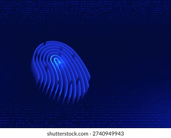 3D glowing fingerprint biometric scan, futuristic blue digital identity verification with particle data cloud background.