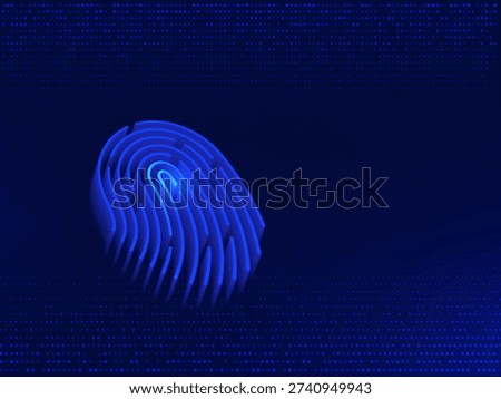 3D glowing fingerprint biometric scan, futuristic blue digital identity verification with particle data cloud background.
