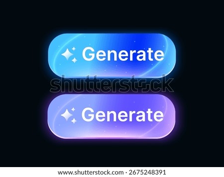 3d Glowing Generate buttons in blue and purple, with sparkles and rounded edges, isolated on background, ideal for UI or UX design, web interfaces, mobile apps, and digital projects. 3d vector