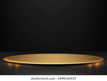 3D glowing gold circle podium on a black background, Luxury style, Product mockup display. Vector illustration