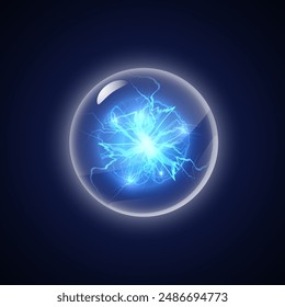 3d Glowing magic glass ball isolated on a dark background. There is powerful electrical dark plasma energy inside the sphere. Ball predicting the future. Blue neon sparks. Vector illustration.