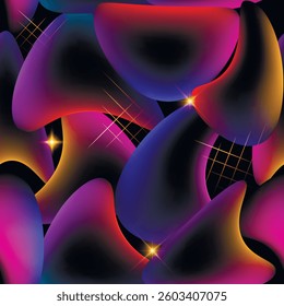3d glowing modern abstract background with colorful gradients, soft flowing shapes and shiny star lights on a dark backdrop. Trendy neon style hand drawn ornaments. Endless texture. Luxury design.