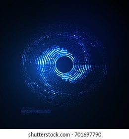 3D Glowing Neon Digital Radial Shape Of Particles. Abstract Blue Technology Background. Radioactive Energy Substance. Vector Illustration