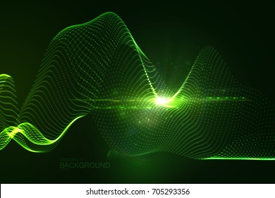 3D glowing neon digital wave of particles and lens flare light effect. Abstract technology background. Futuristic vector illustration of shiny flowing stream. Virtual cyberspace. HUD element.