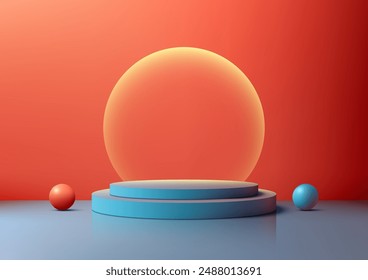 3D Glowing Orb on Blue Podium with Red and Blue Balls in Red Background, Modern Style Product Display and Mockup, Showcase for Showroom