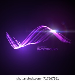 3D glowing purple neon digital wave of particles and lens flare light effect. Abstract technology background. Futuristic vector illustration of shiny flowing purple substance. Luminous curved shape