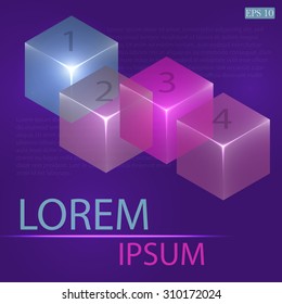3d glowing transparent cubes for infographics. Colorful abstract background with three-dimentional geometric elements. Vector geometry for logo design, presentations and web.