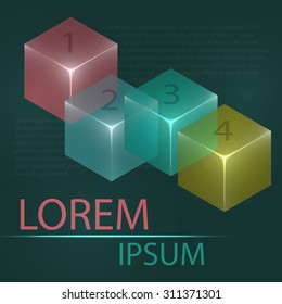 3d glowing transparent cubes for infographics. Colorful abstract background with three-dimentional geometric elements. Vector geometry for logo design, presentations and web.