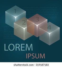 3d glowing transparent cubes for infographics. Colorful abstract background with three-dimentional geometric elements. Vector geometry for logo design, presentations and web.
