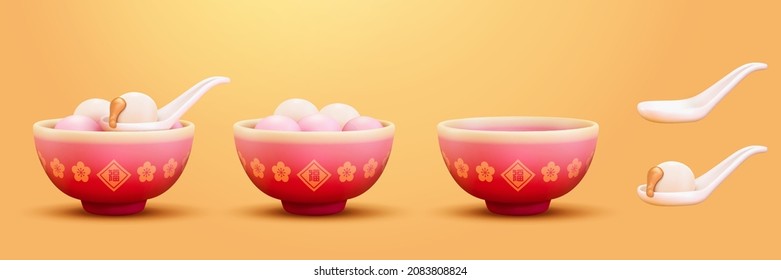 3D Glutinous rice ball in bowls. Illustration of pink and white glutinous rice balls that are with sweet peanut filling, in red bowls. Text of blessing written in Chinese on the bowl
