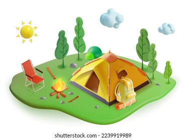 3d Go Camping Concept Vista diurna Escenario paisajístico para viajes y turismo Plasticine Cartoon Style. Ilustración del vector