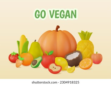 3d Go Vegan Concept Raw Organic Vegetales y Frutas Signos de Caricatura. Ilustración vectorial de la dieta saludable