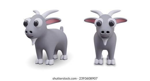 3D goat, front and side view. Vector funny domesticated animal. Horned creature with big eyes. Animal from farm. Character for online games. Set of isolated images