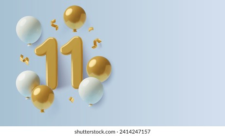 3D gold 11 number with balloons and confetti on blue background. Eleven years birthday or anniversary banner with copy space. Realistic three dimensional vector illustration.