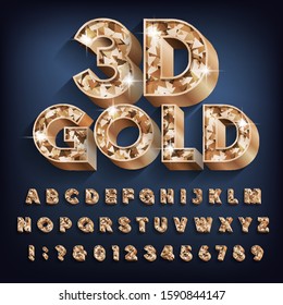 3D Gold alphabet font. Bold glitter letters, numbers and symbols with shadow. Stock vector typescript for your design.