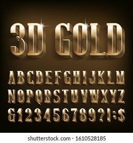 3D Gold alphabet font. Shiny golden letters, numbers and symbols. Stock vector typescript for your design.