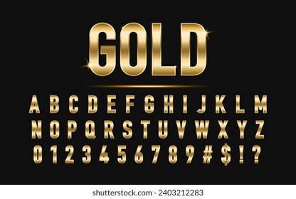 3D Gold Alphabet Letters with Numbers and Symbols 3D Font golden alphabets letters. metal typeface isolated on transparent background. Art design luxury metallic typographic abc. Vector illustration