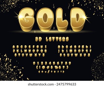 3D Gold Alphabet Letters, Rounded Numbers and Symbols. 3D Elegant Font. abc a to z golden alphabets letters golden fonts bold gold bar font typeface