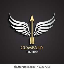 3d gold arrow silver wings logo / vector illustration