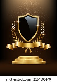 3d gold award podium with black shield, ribbon and laurel branches vector illustration. Realistic luxury exposition with falling golden glitter on heraldic object and stage on dark background