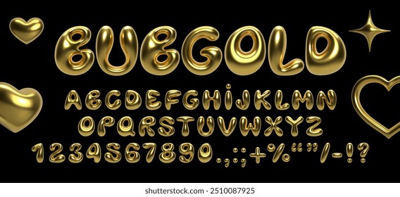 Fonte de bolha de balão de ouro 3D com letras infladas brilhantes, números e símbolos. Alfabeto dourado realista com um efeito metálico brilhante, ideal para tipografia moderna, design de texto, cartazes e banners