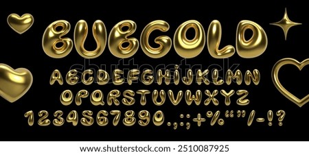 3D gold balloon bubble font with shiny inflated letters, numbers, and symbols. Realistic golden alphabet with a glossy metallic effect, ideal for modern typography, text design, posters, and banners