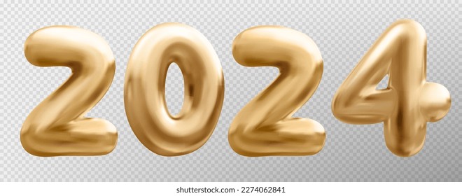 3d gold balloon number 2024 new year, realistic isolated vector. Golden holiday party decoration. Metal typography glossy symbol for sale decor. Metallic ballon shiny font on transparent