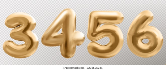 3d gold balloon number font, realistic isolated vector set. Golden anniversary or birthday party celebrate. Metal typography glossy symbol for sale decor. Metallic ballon shiny font on transparent