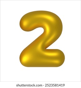 3D gold balloon number font. Number 2. Golden anniversary or birthday party celebrate. Shiny metal typography symbol for sale decoration. Bright font..