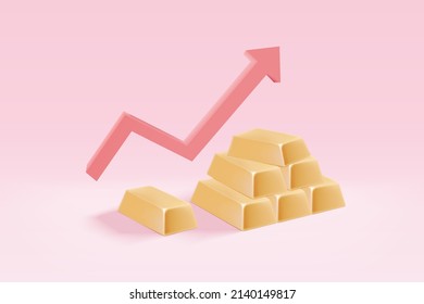 3d gold bar arrangement and red arrow up. Business gold future and financial in trade concept. Money trade and safe investment, earning growth. 3d vector gold bar render on pink background 