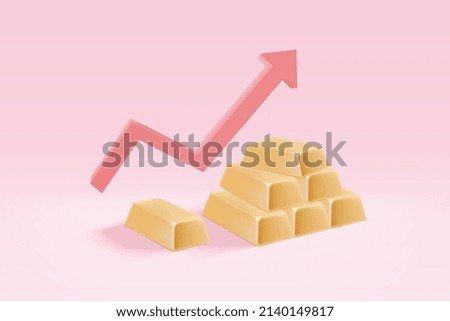 3d gold bar arrangement and red arrow up. Business gold future and financial in trade concept. Money trade and safe investment, earning growth. 3d vector gold bar render on pink background 
