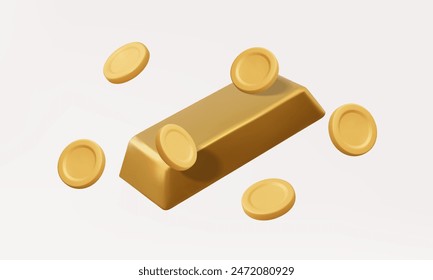 3D gold bar with coins floating on pastel background. trade stock  currency investment deposit wealth asset exchange earning finance saving money. Eps 10 vector. 3d rendering. illustration