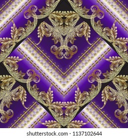 3d gold Baroque embroidery vector seamless pattern. Geometric abstract striped grunge background. Tapestry floral tiled ornament in baroque Victorian style. Textured borders. Embroidered ornate design