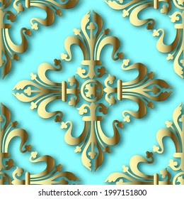 3D Gold Barock nahtloses Muster. Moderner, ornamentaler Vektorhintergrund. Luxuriöse Wiederholung der Hintergrund. Goldene Damast-Ziergegenstände aus Vintage. Dekoratives Design mit Blumen, Schatten. Für Dekoration, Tapeten.