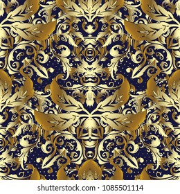 3d gold Baroque vector seamless pattern. Ornamental patterned textured background. Vintage flowers, leaves, branches, scrolls, halftone. Antique ornaments in baroque victorian style. Ornate wallpaper.