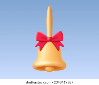 Campana dorada 3D con icono del arco rojo. Hacer campana amarilla para volver a la escuela, educación, conocimiento, celebración Feliz Navidad, feliz año nuevo. Icono de representación 3d con ilustración vectorial de cinta