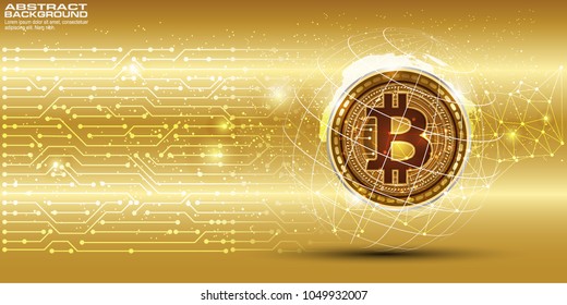 3D gold bitcoin currency and world globe hologram, abstract digital background with money and technology. Worldwide network concept.