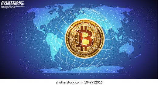 3D gold bitcoin currency and world globe hologram, abstract digital background with money and technology. Worldwide network concept.