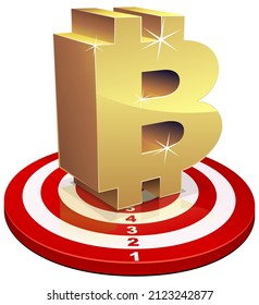 3D gold bitcoin symbol set in the middle of a circular white and red shooting target isolated on a white background