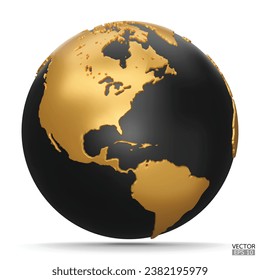 3D-Gold- und Schwarz-Erde-Globes mit Schatten auf weißem Hintergrund. Golden Modern World Map. Weltplanet. Reisen Sie um die Welt, den Earth Day oder das Umweltschutzkonzept. 3D-Vektorgrafik.