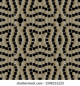 3d gold and black halftone seamless pattern. Dotted half tone background. Modern digital ornament with squares, dots, circles, stripes, lines, geometric abstract shapes. Surface vector grunge texture.