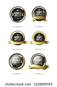 3d gold and black premium quality badge collection. Realistic premium warranty badge with ribbon and laurel wreath