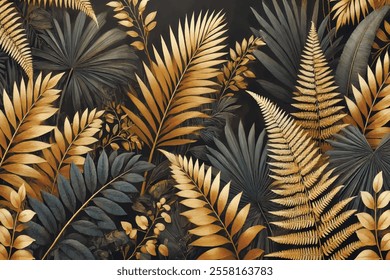 3d gold black tropical modern pattern background illustration with 3d palm fern leaves, tropic plants. Ornate decorative luxury design for card, wallpaper, fabric, decoration. Grunge texture. Vector.