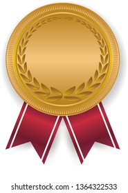 3D Gold Blank Medal And Red Ribbon. Empty Winner Award Icon. Best Choice Badge. Vector Illustration