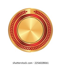 3D Gold blank medal and red badge. Empty winner award icon. 