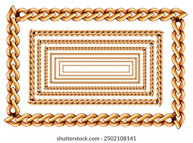 3D gold chain frame, Oval or round rectangle. Seamless luxury golden frame set, Golden chains of different shapes realistic. Expensive jewelry on a white background. metal gold jewelry for Realistic