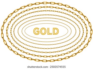 3D gold chain frame, Oval, Gold circle frame, Round. Seamless luxury golden frame set, Golden chains of different shapes realistic. Expensive jewelry on a white background. Metal gold jewelry