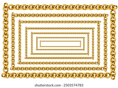 3D gold chain frame, Oval or round rectangle. Seamless luxury golden frame set, Golden chains of different shapes realistic. Expensive jewelry on a white background. metal gold jewelry for Realistic